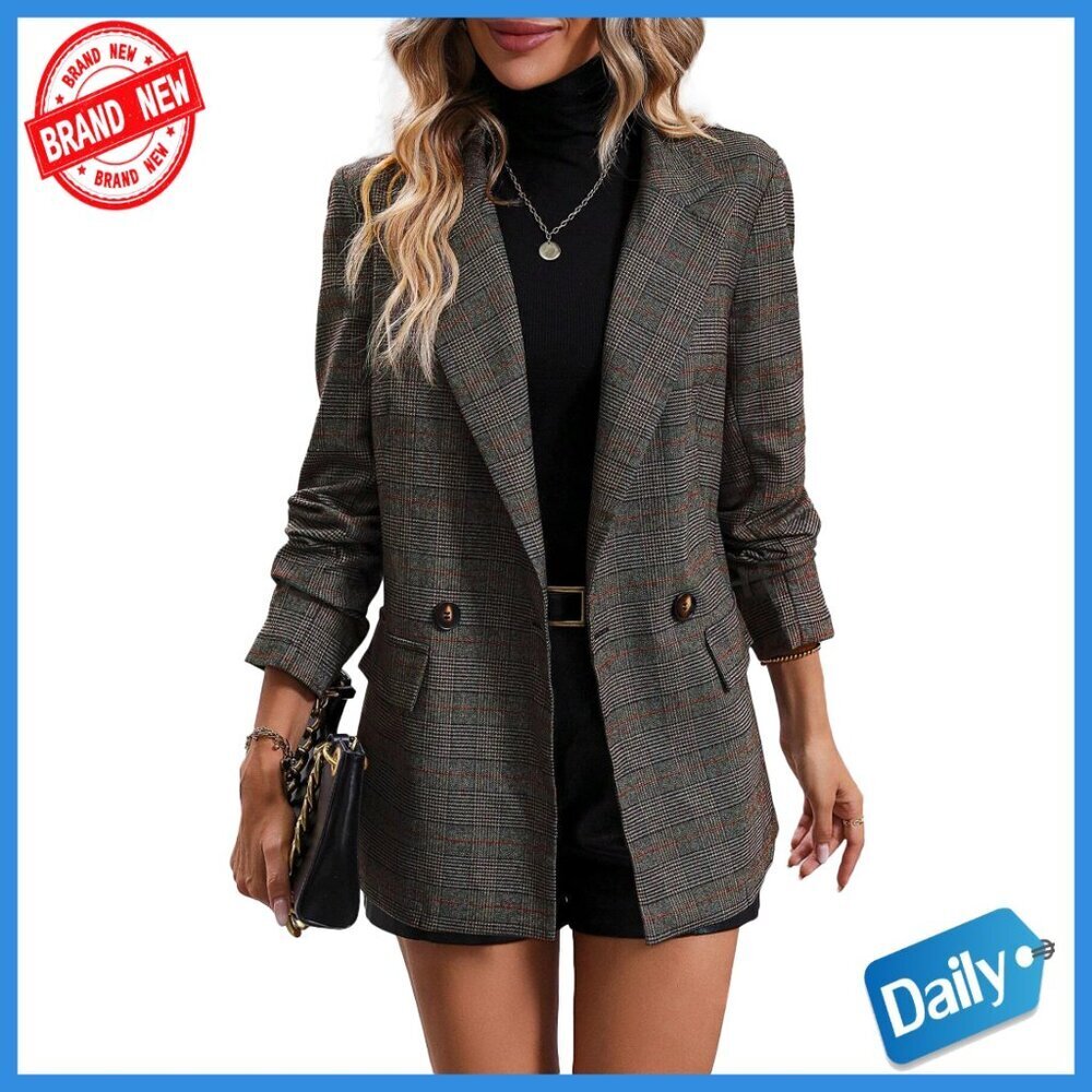 Women's Plaid Blazer Fully Lined Button Lapel Casual Work Office Jacket